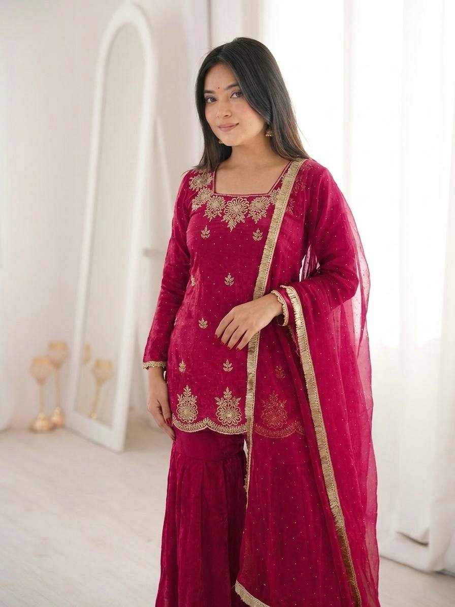 Women's Fendy Silk Embroidered Sharara Palazzo Set with Zarkan Diamond Work Dupatta