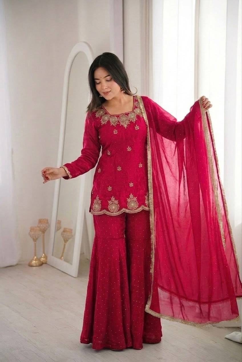Women's Fendy Silk Embroidered Sharara Palazzo Set with Zarkan Diamond Work Dupatta