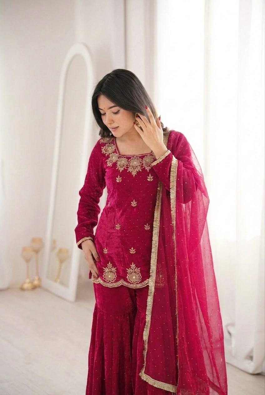 Women's Fendy Silk Embroidered Sharara Palazzo Set with Zarkan Diamond Work Dupatta