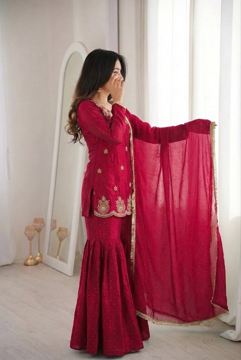 Women's Fendy Silk Embroidered Sharara Palazzo Set with Zarkan Diamond Work Dupatta