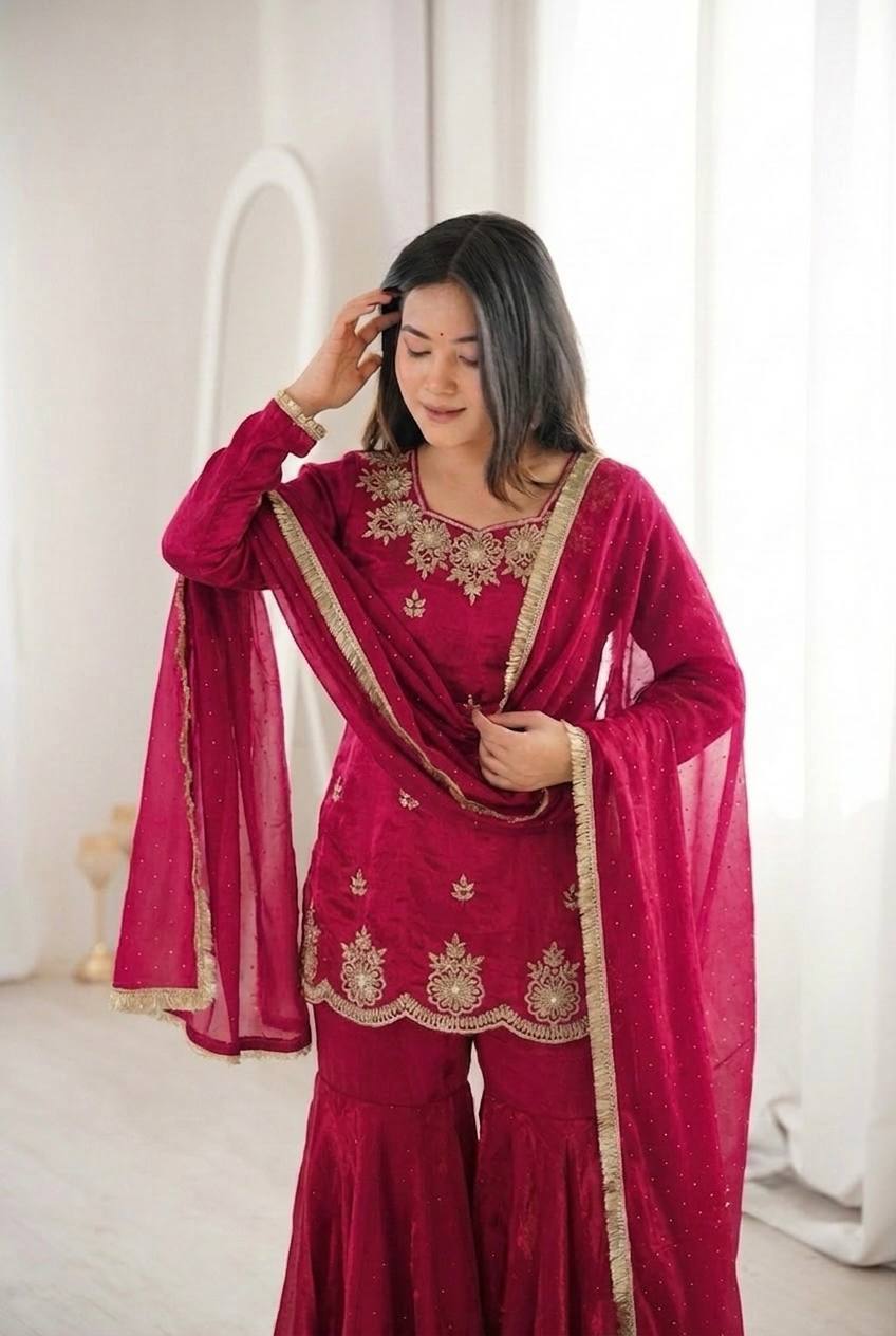 Women's Fendy Silk Embroidered Sharara Palazzo Set with Zarkan Diamond Work Dupatta