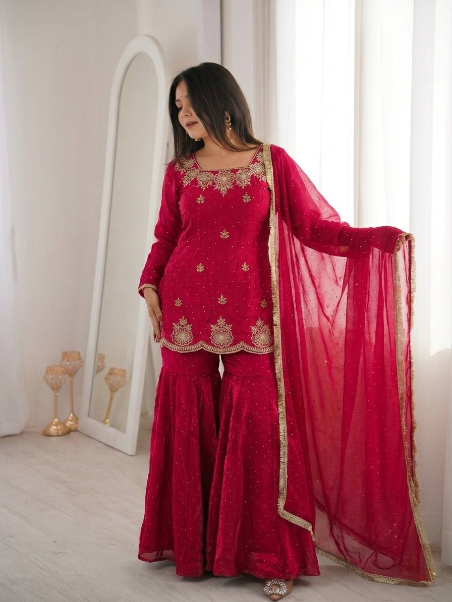Women's Fendy Silk Embroidered Sharara Palazzo Set with Zarkan Diamond Work Dupatta