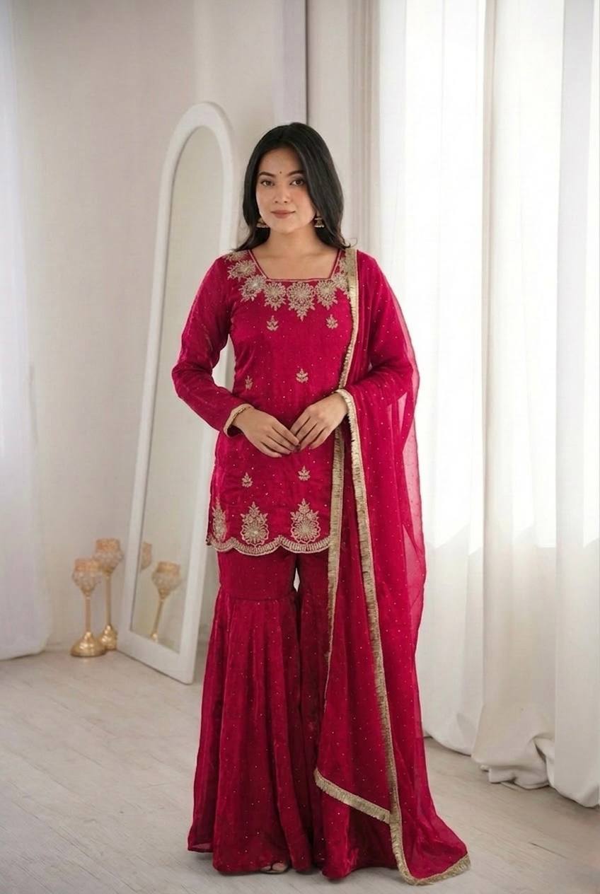 Women's Fendy Silk Embroidered Sharara Palazzo Set with Zarkan Diamond Work Dupatta