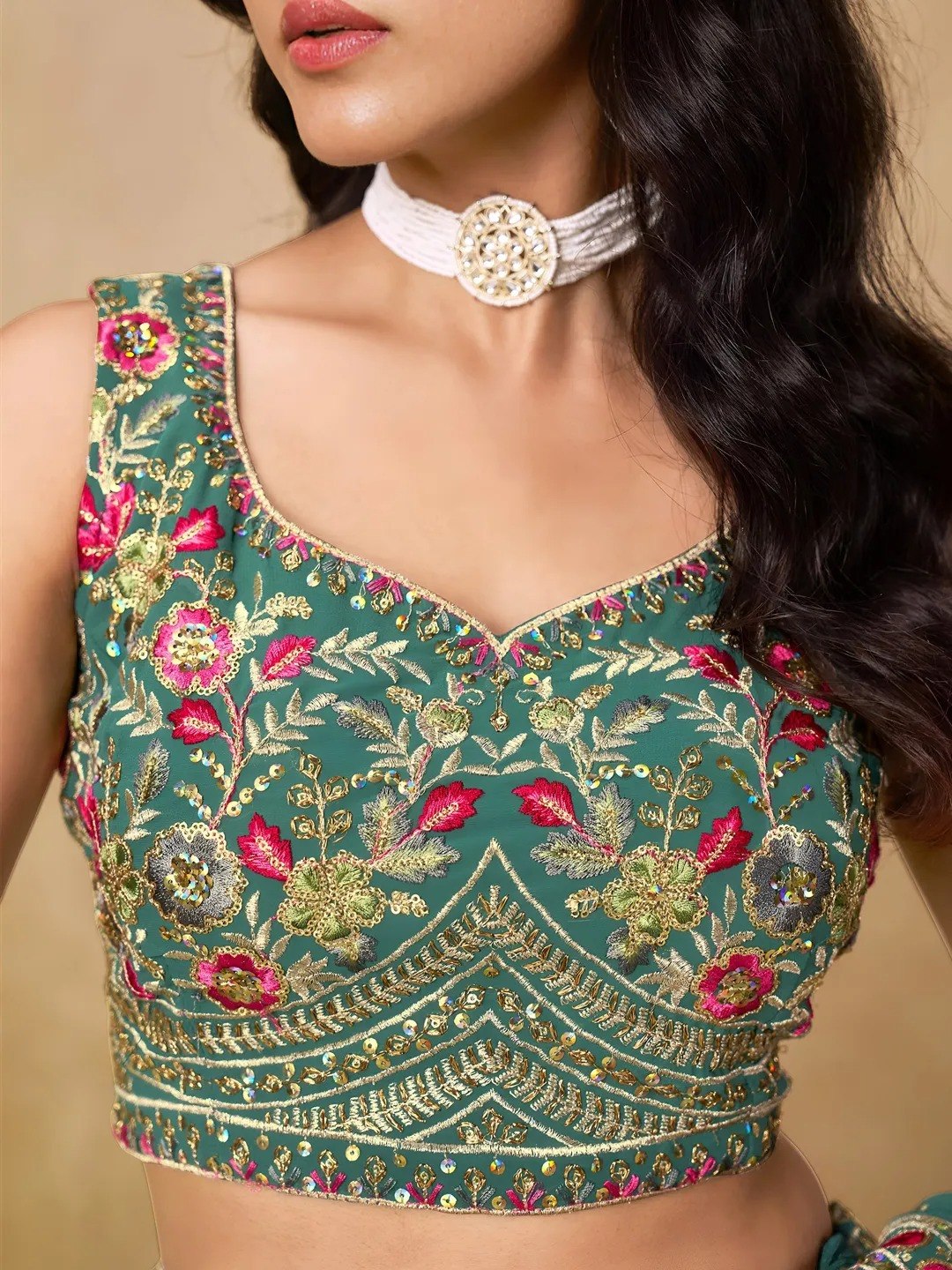 Women's Georgette Multi Sequence Embroidered Semi-Stitched Lehenga Choli with Dupatta