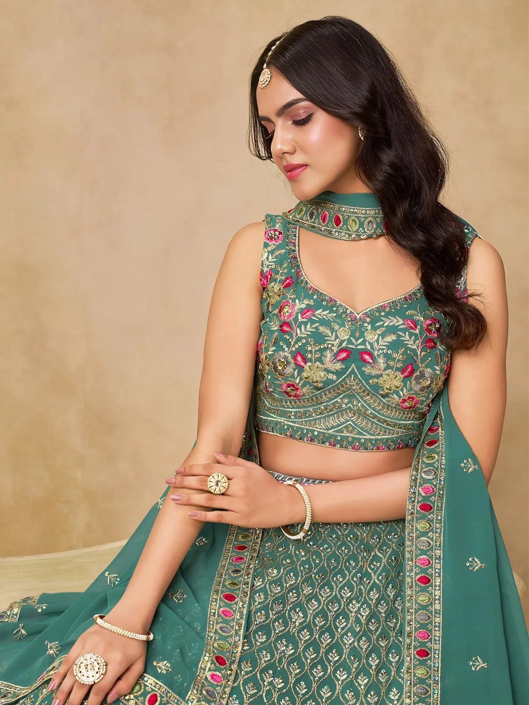 Women's Georgette Multi Sequence Embroidered Semi-Stitched Lehenga Choli with Dupatta