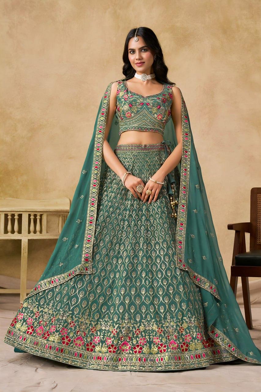 Women's Georgette Multi Sequence Embroidered Semi-Stitched Lehenga Choli with Dupatta