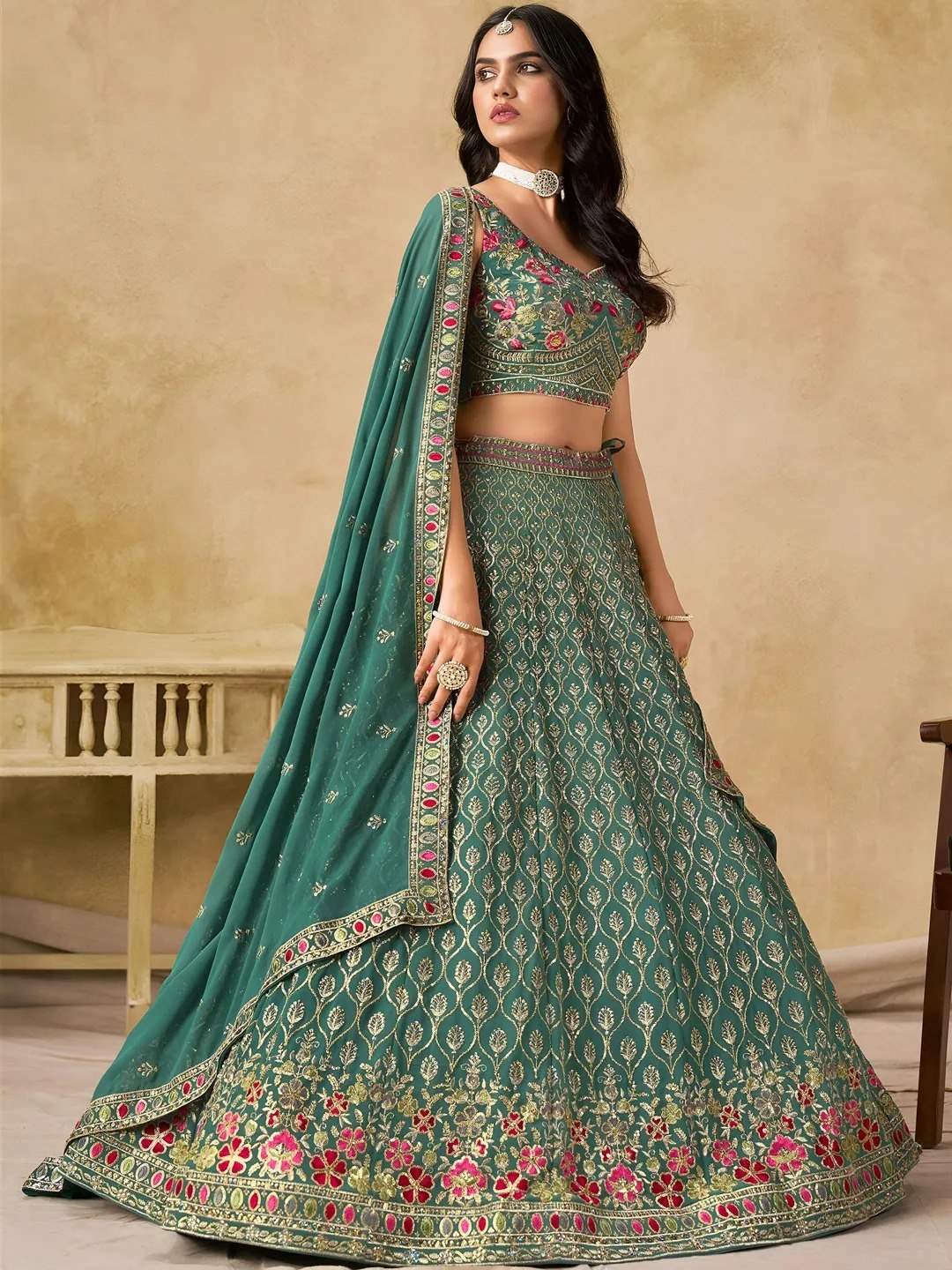 Women's Georgette Multi Sequence Embroidered Semi-Stitched Lehenga Choli with Dupatta