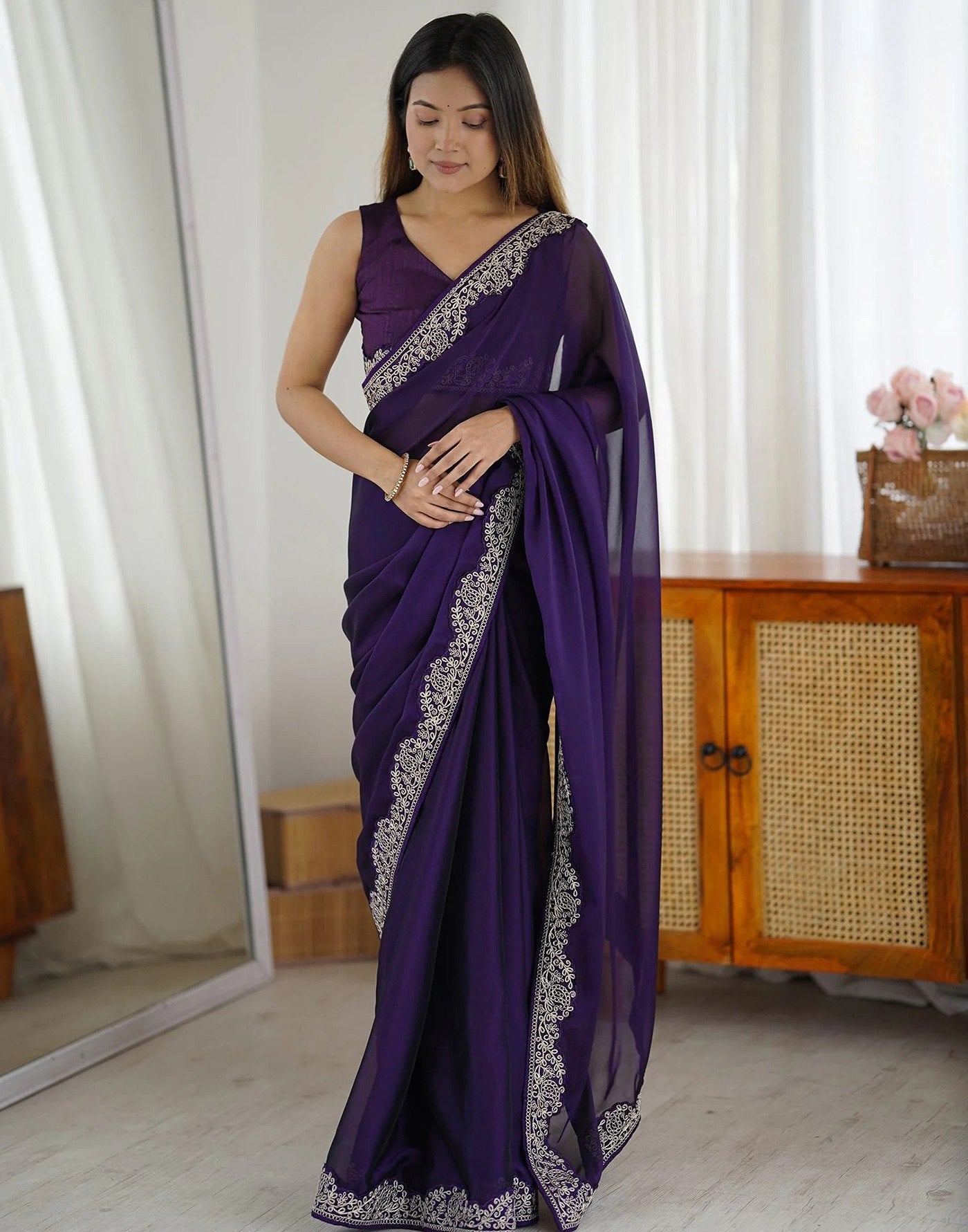 Women's Purple Rangoli Embroidered Party Wear Saree with Bangalori Unstitched Blouse