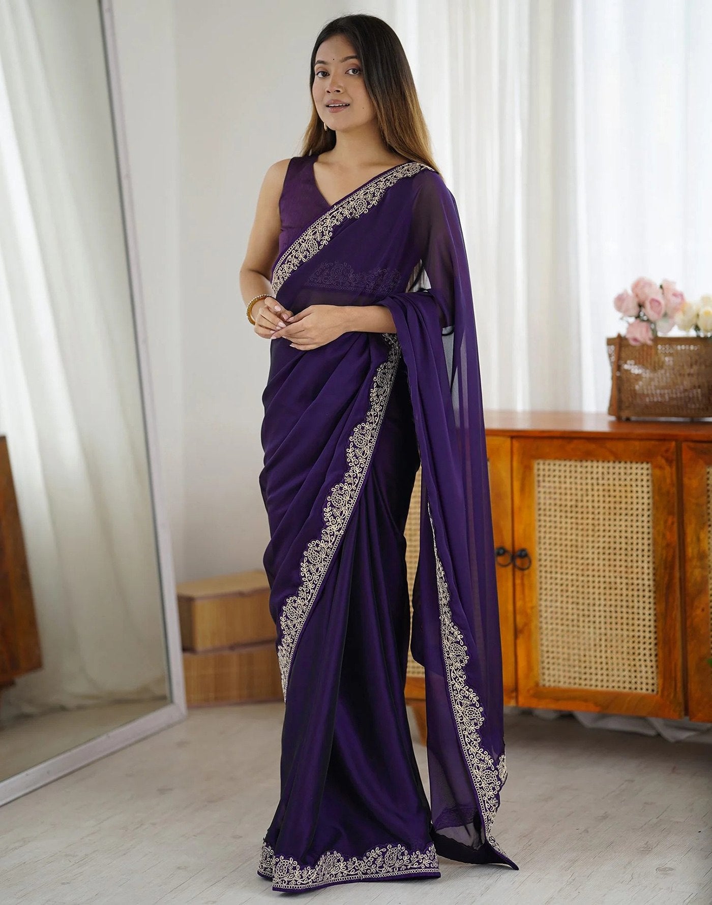 Women's Purple Rangoli Embroidered Party Wear Saree with Bangalori Unstitched Blouse