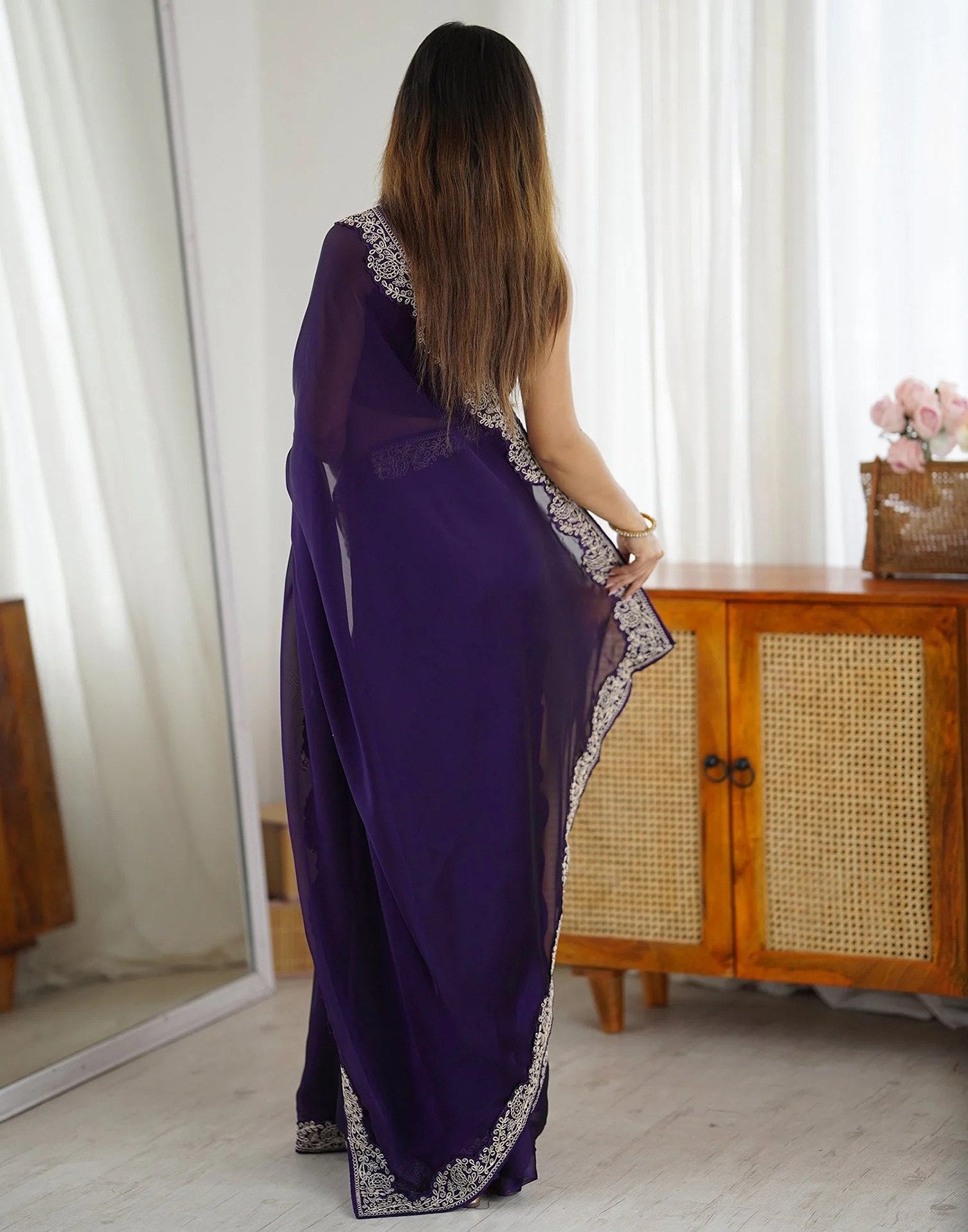 Women's Purple Rangoli Embroidered Party Wear Saree with Bangalori Unstitched Blouse