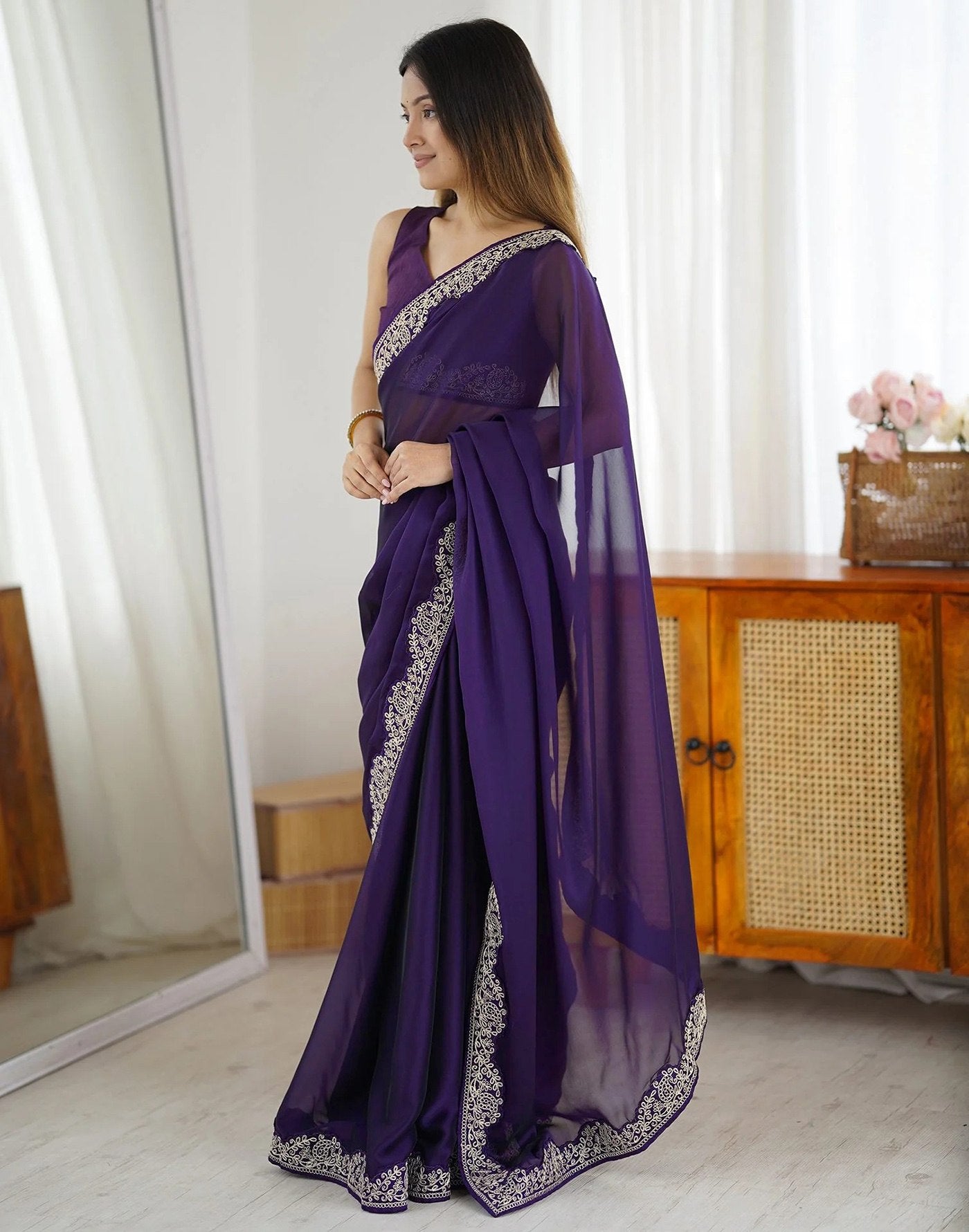 Women's Purple Rangoli Embroidered Party Wear Saree with Bangalori Unstitched Blouse