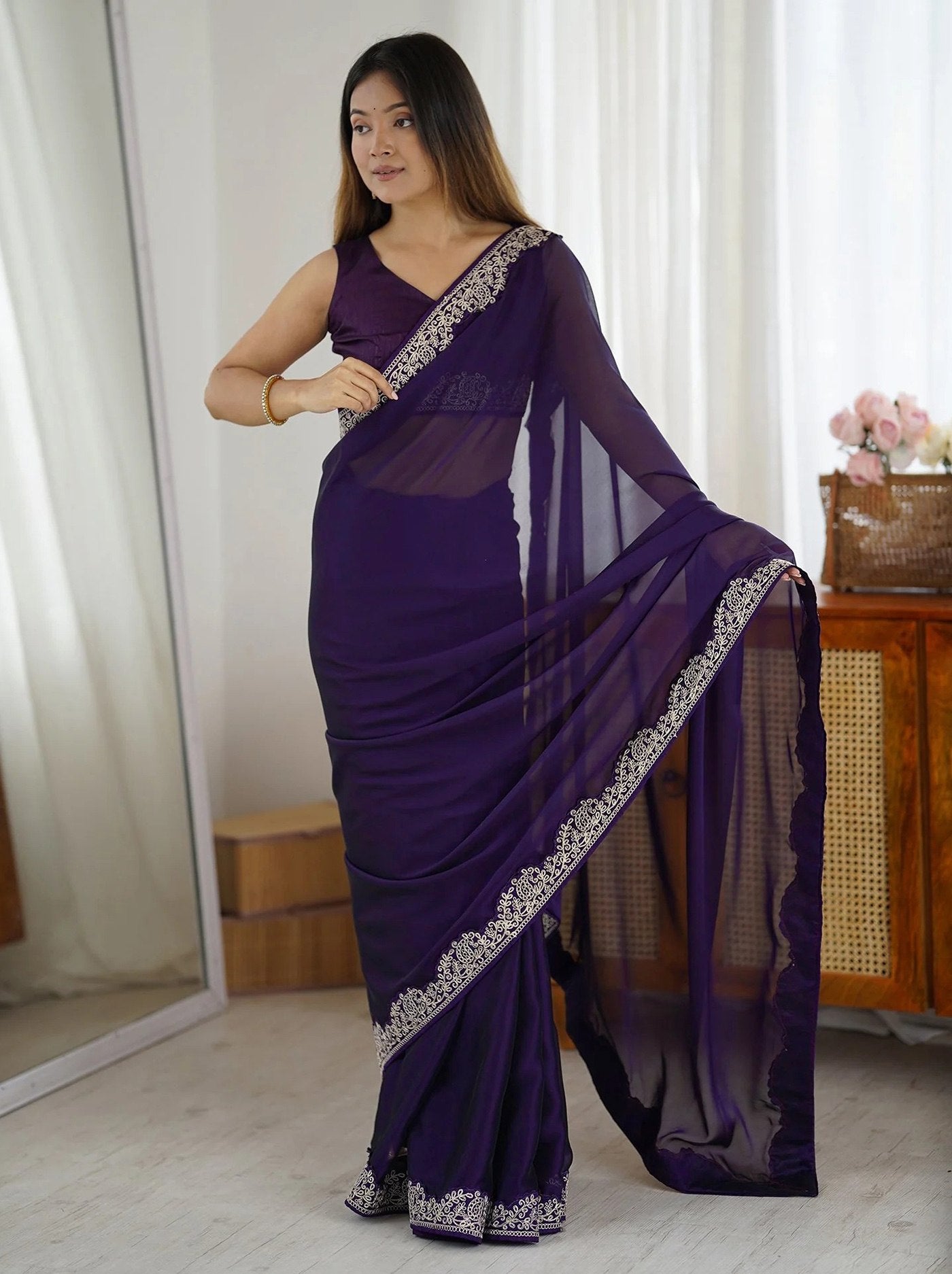 Women's Purple Rangoli Embroidered Party Wear Saree with Bangalori Unstitched Blouse