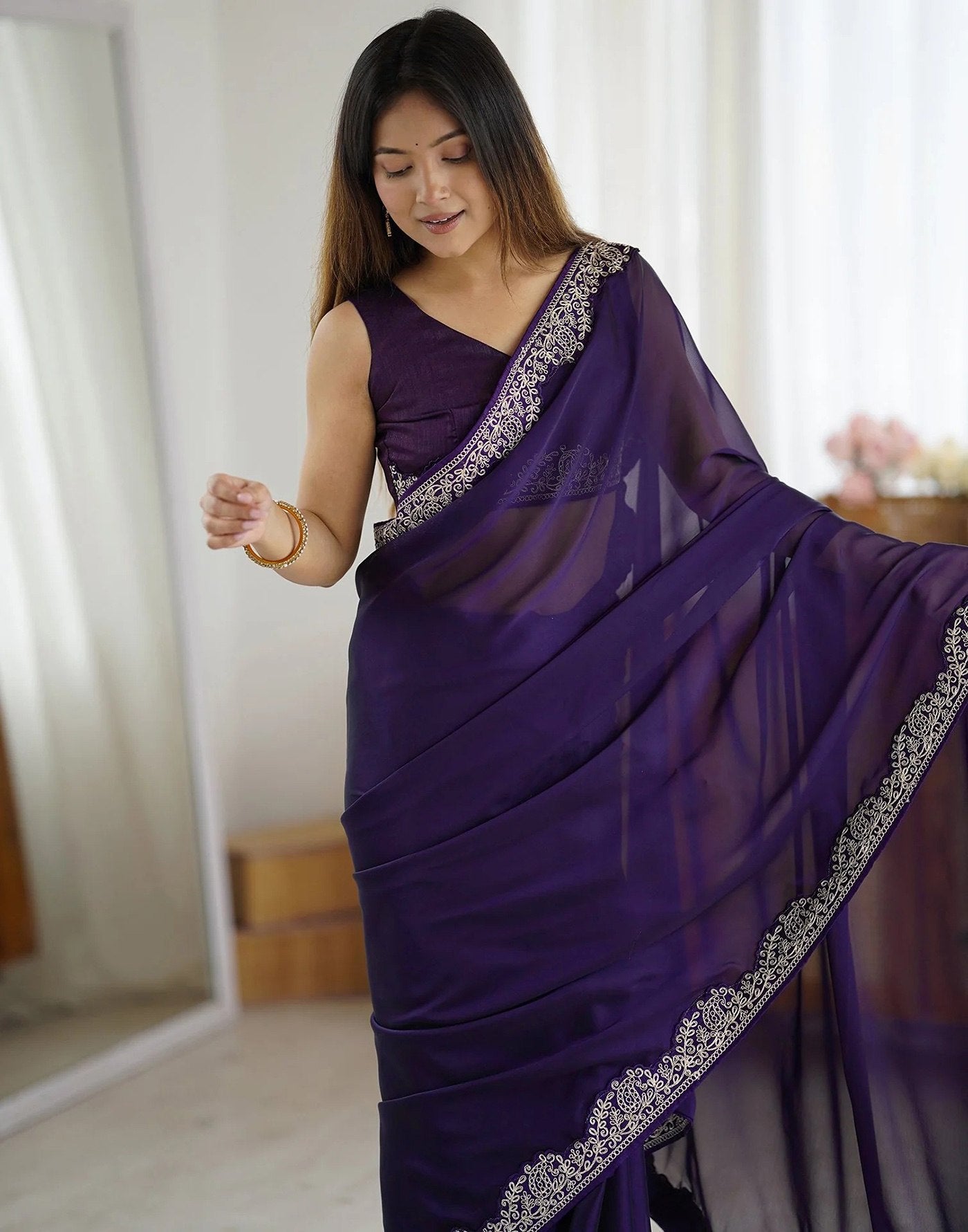 Women's Purple Rangoli Embroidered Party Wear Saree with Bangalori Unstitched Blouse