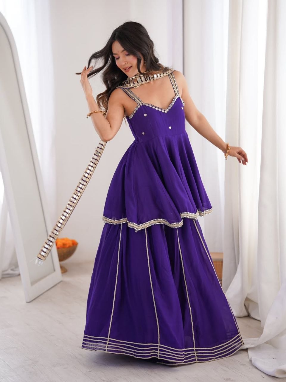 Women's Chinon Mirror Work Palazzo Set with Belt and Dupatta