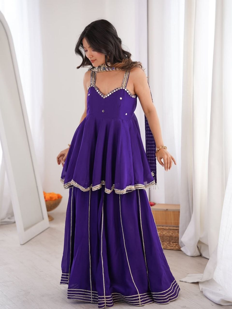 Women's Chinon Mirror Work Palazzo Set with Belt and Dupatta