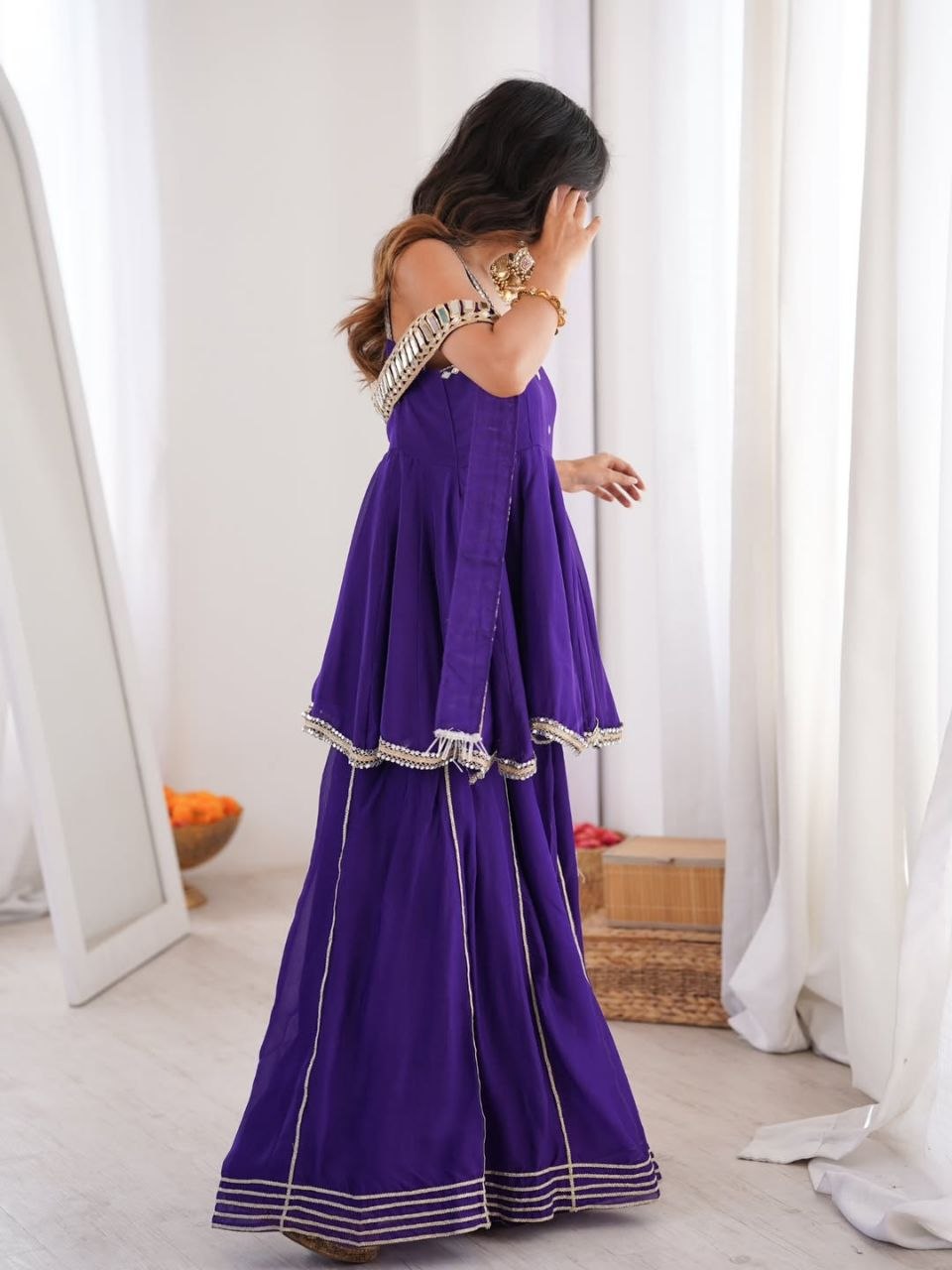 Women's Chinon Mirror Work Palazzo Set with Belt and Dupatta