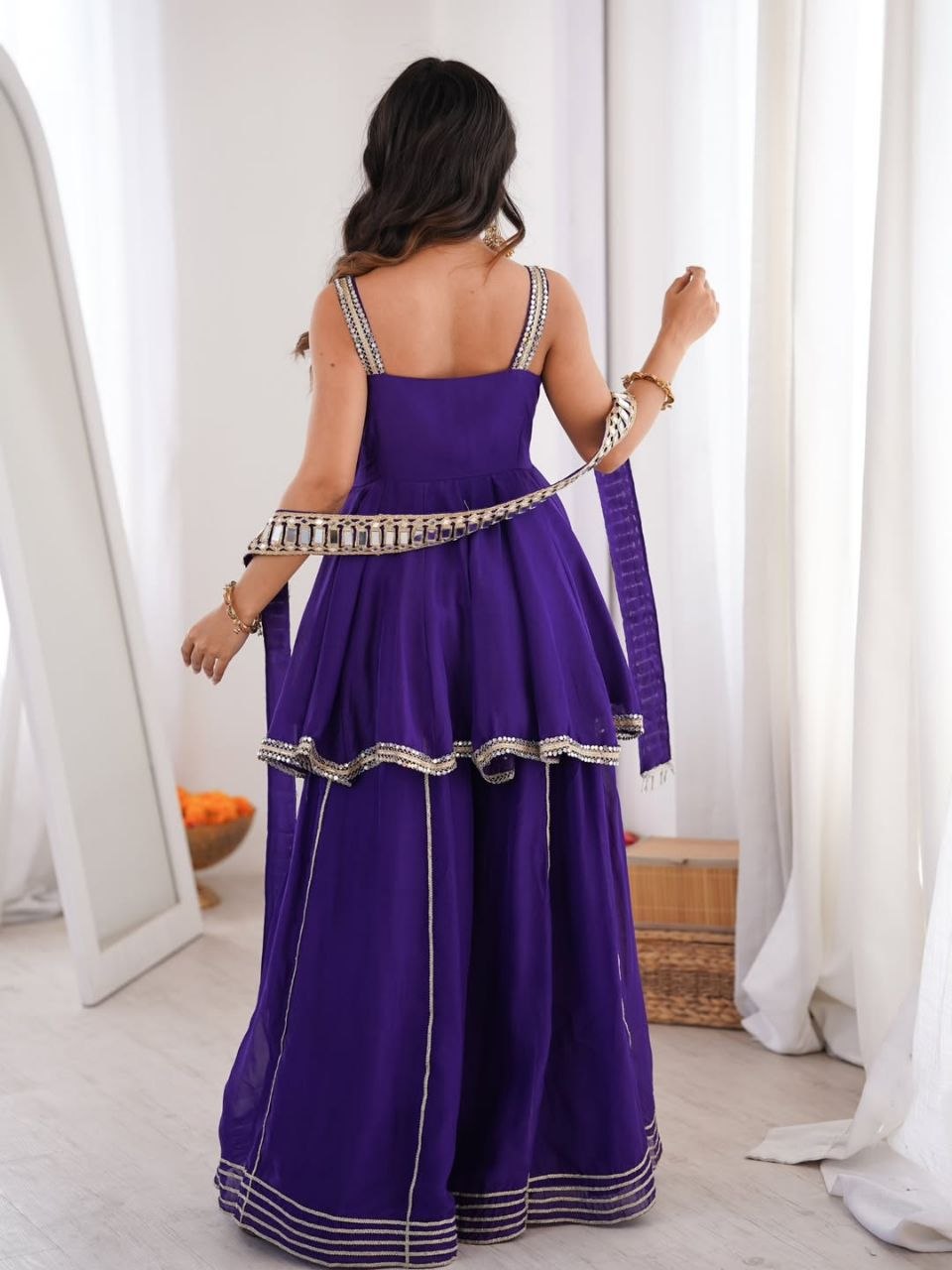 Women's Chinon Mirror Work Palazzo Set with Belt and Dupatta