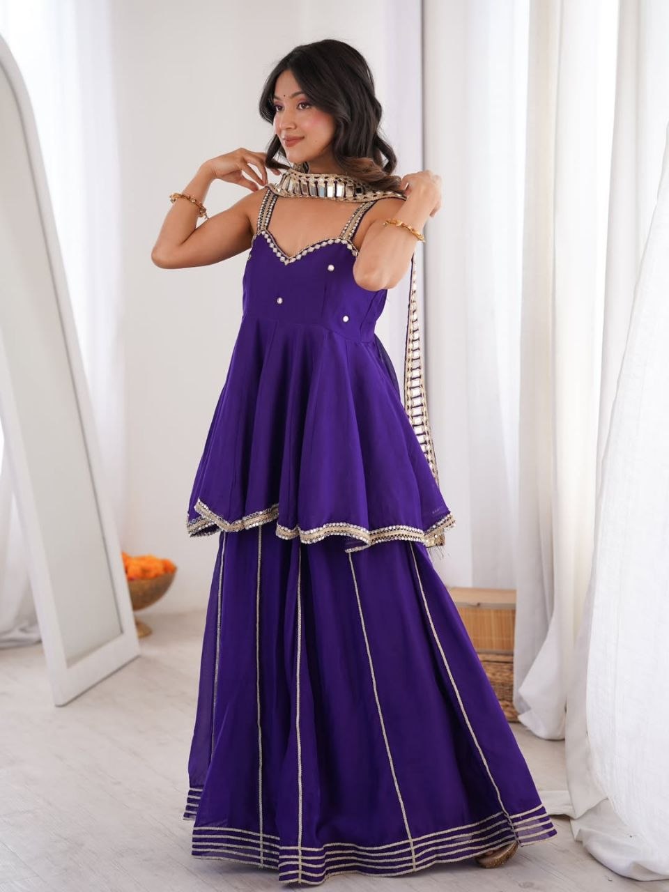 Women's Chinon Mirror Work Palazzo Set with Belt and Dupatta