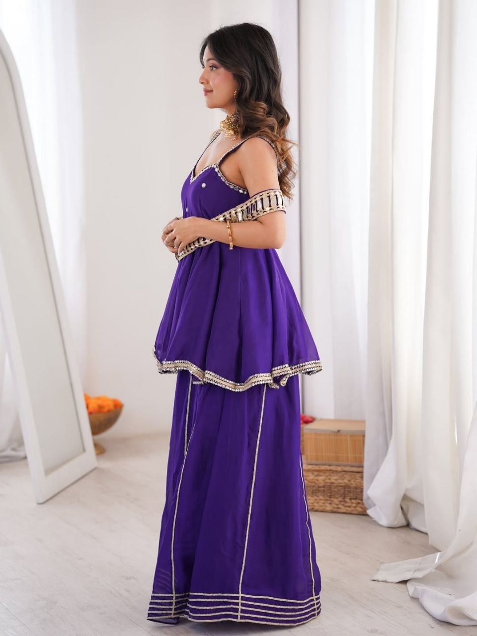 Women's Chinon Mirror Work Palazzo Set with Belt and Dupatta