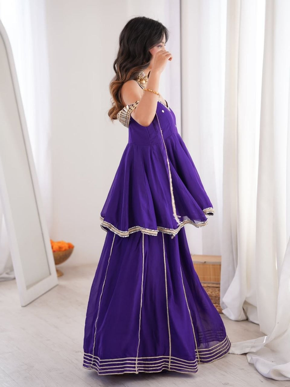 Women's Chinon Mirror Work Palazzo Set with Belt and Dupatta