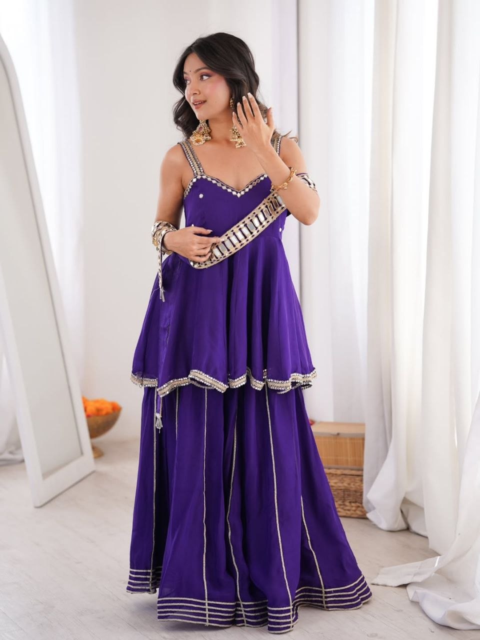 Women's Chinon Mirror Work Palazzo Set with Belt and Dupatta