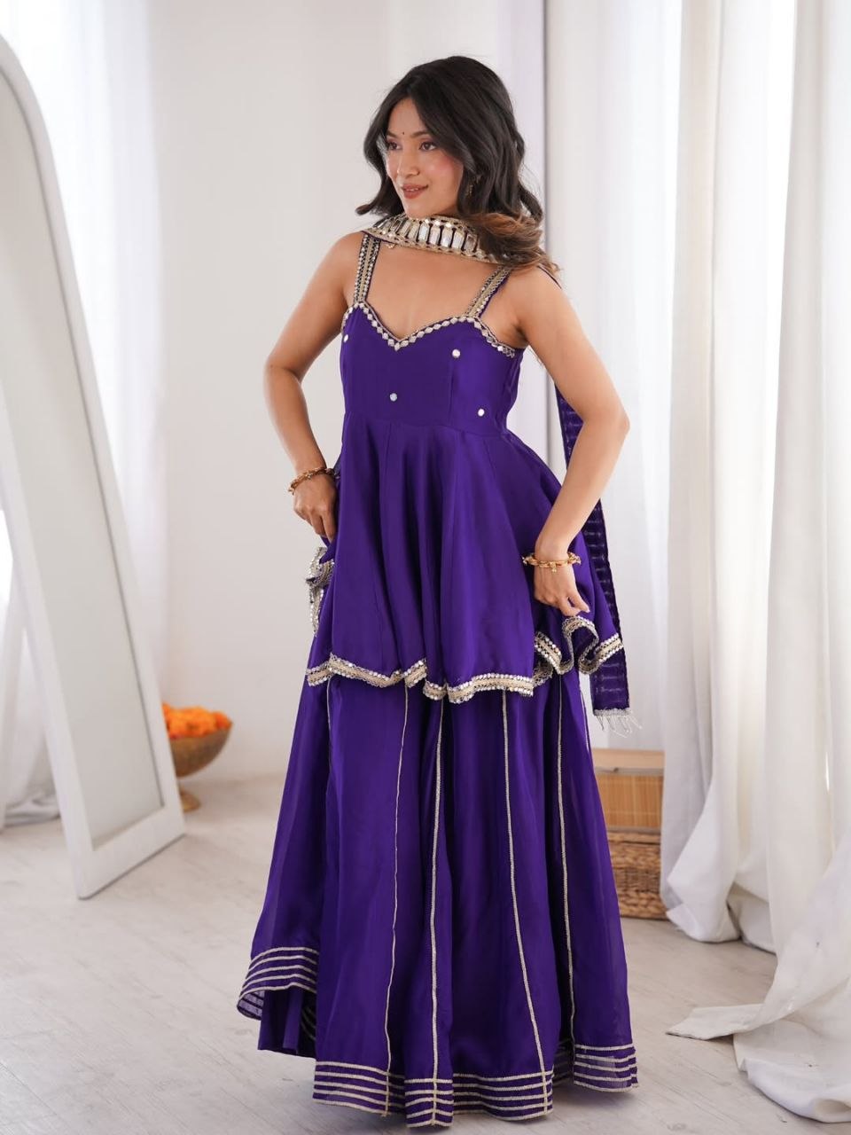 Women's Chinon Mirror Work Palazzo Set with Belt and Dupatta