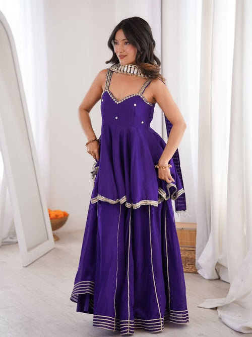 Women's Chinon Mirror Work Palazzo Set with Belt and Dupatta