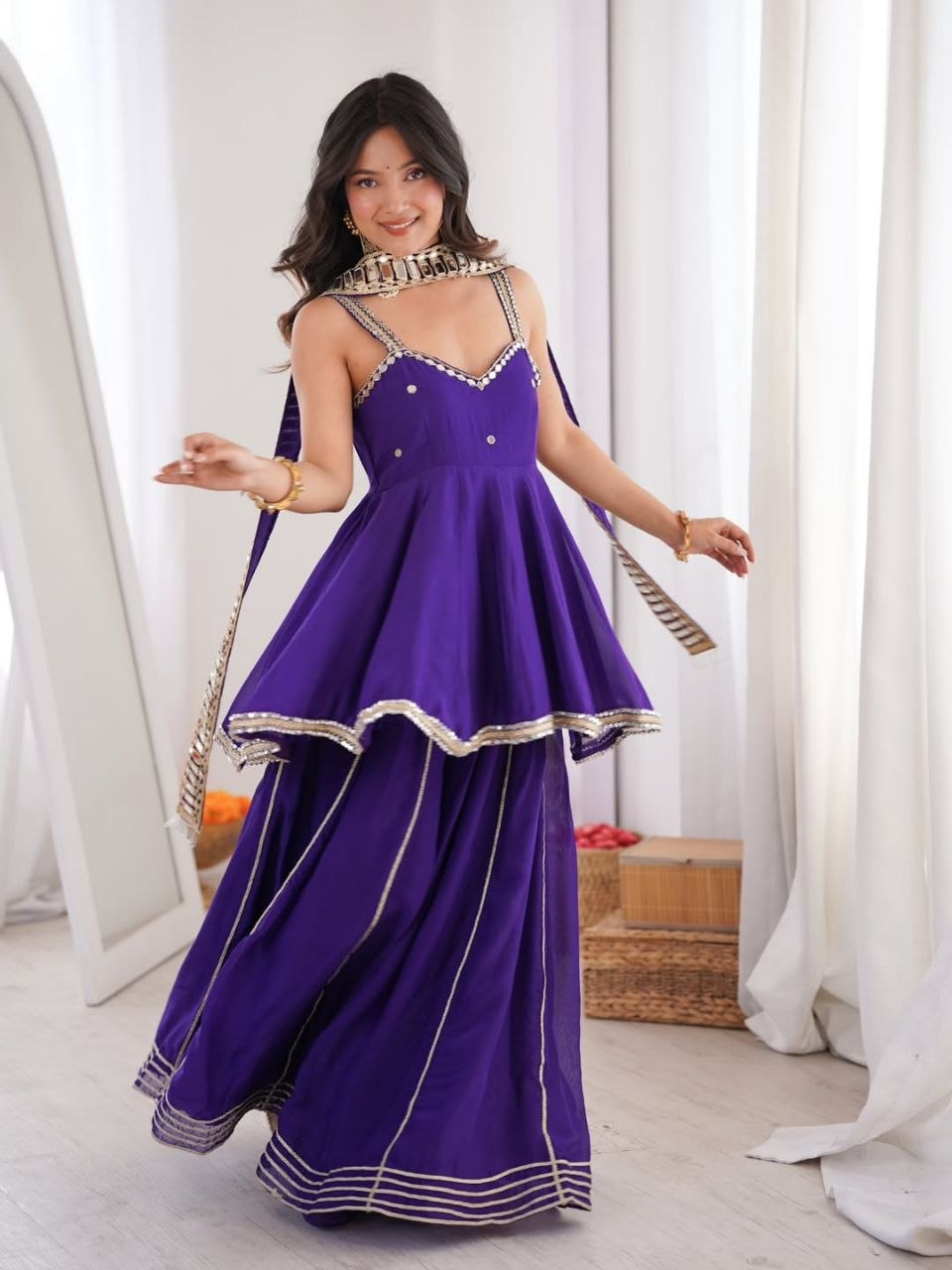Women's Chinon Mirror Work Palazzo Set with Belt and Dupatta