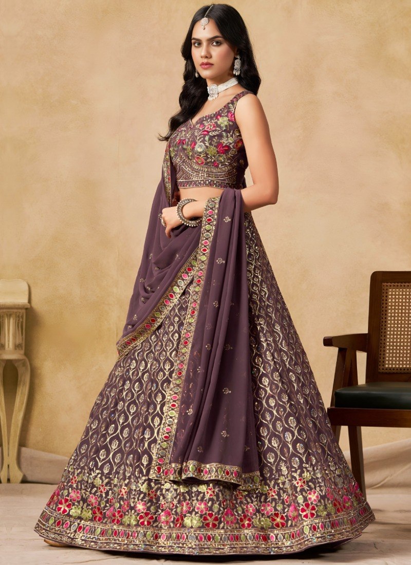 Women's Georgette Multi Sequence Embroidered Semi-Stitched Lehenga Choli with Dupatta