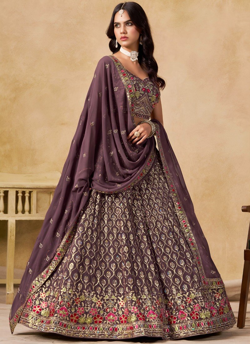 Women's Georgette Multi Sequence Embroidered Semi-Stitched Lehenga Choli with Dupatta