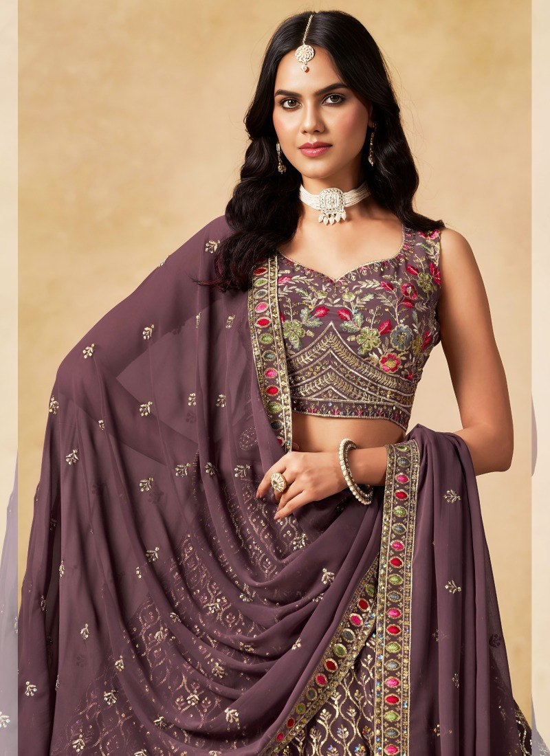 Women's Georgette Multi Sequence Embroidered Semi-Stitched Lehenga Choli with Dupatta