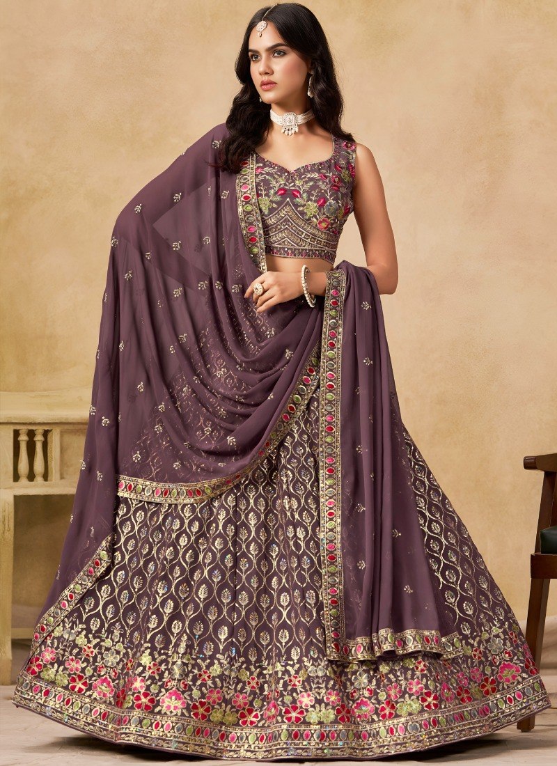 Women's Georgette Multi Sequence Embroidered Semi-Stitched Lehenga Choli with Dupatta