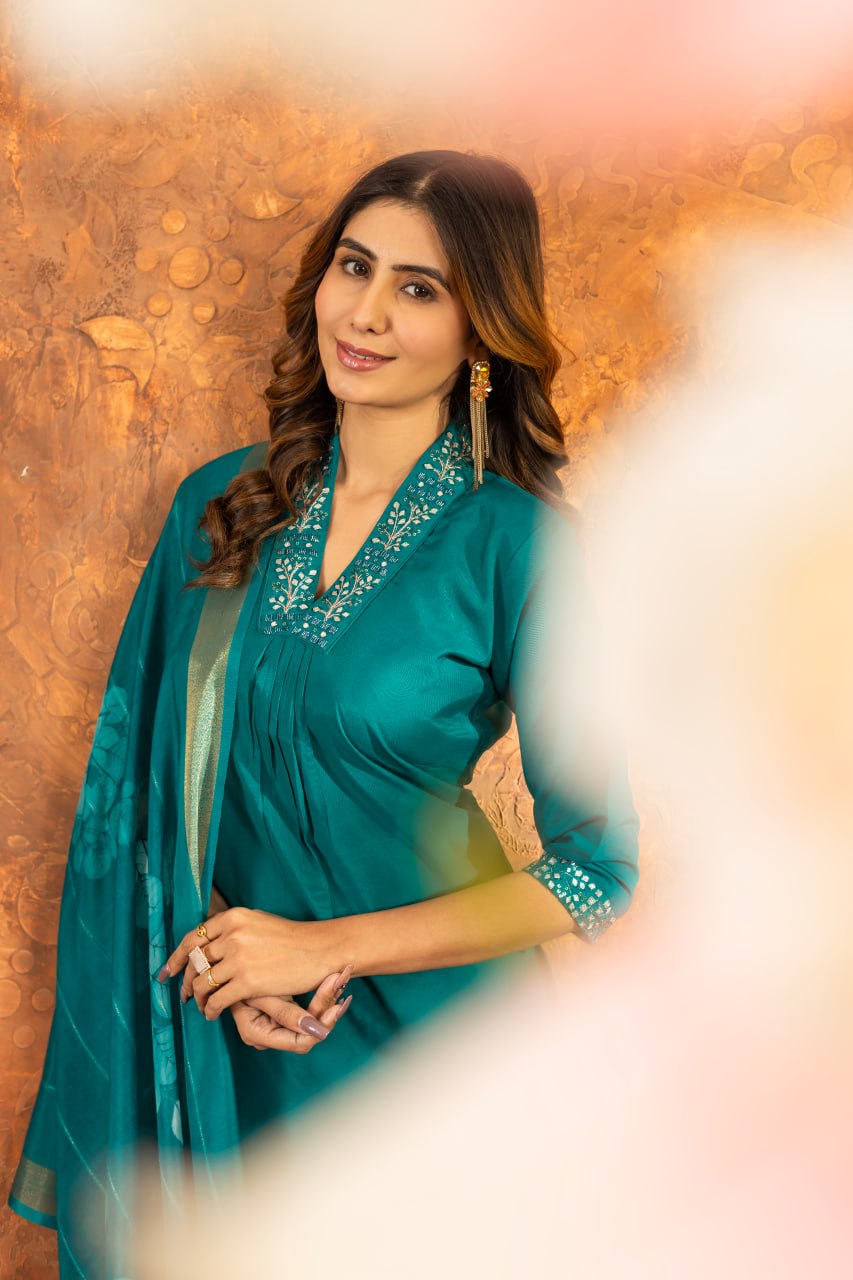 Roman Silk Straight Kurti Pant Dupatta Set with Embroidery Sequins and Hand Work
