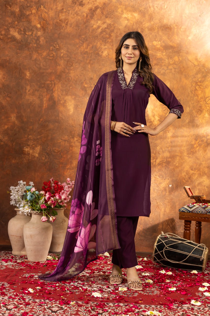 Roman Silk Straight Kurti Pant Dupatta Set with Embroidery Sequins and Hand Work