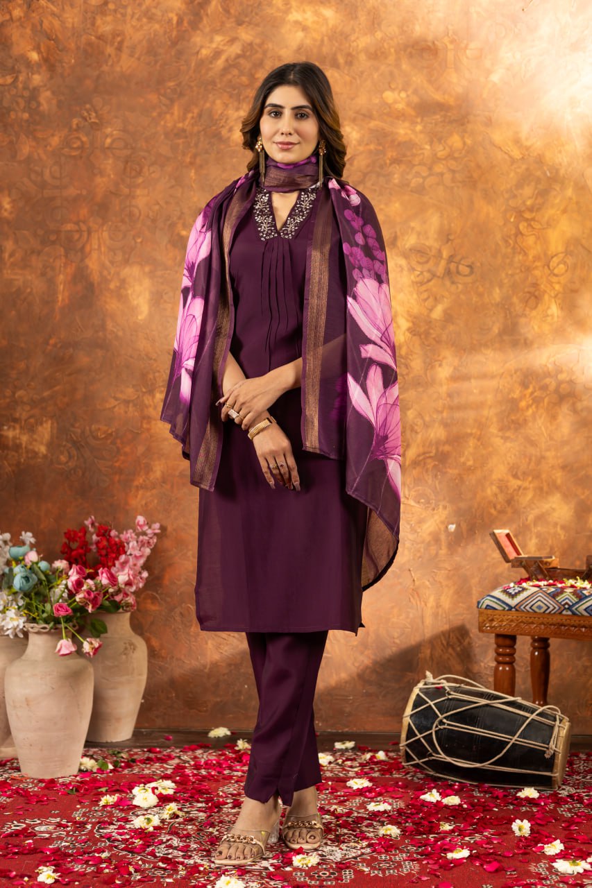 Roman Silk Straight Kurti Pant Dupatta Set with Embroidery Sequins and Hand Work