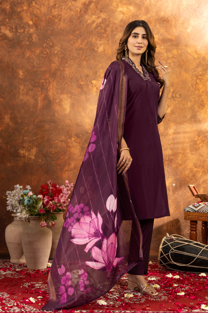 Roman Silk Straight Kurti Pant Dupatta Set with Embroidery Sequins and Hand Work