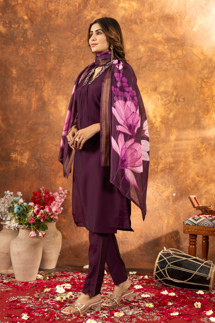 Roman Silk Straight Kurti Pant Dupatta Set with Embroidery Sequins and Hand Work