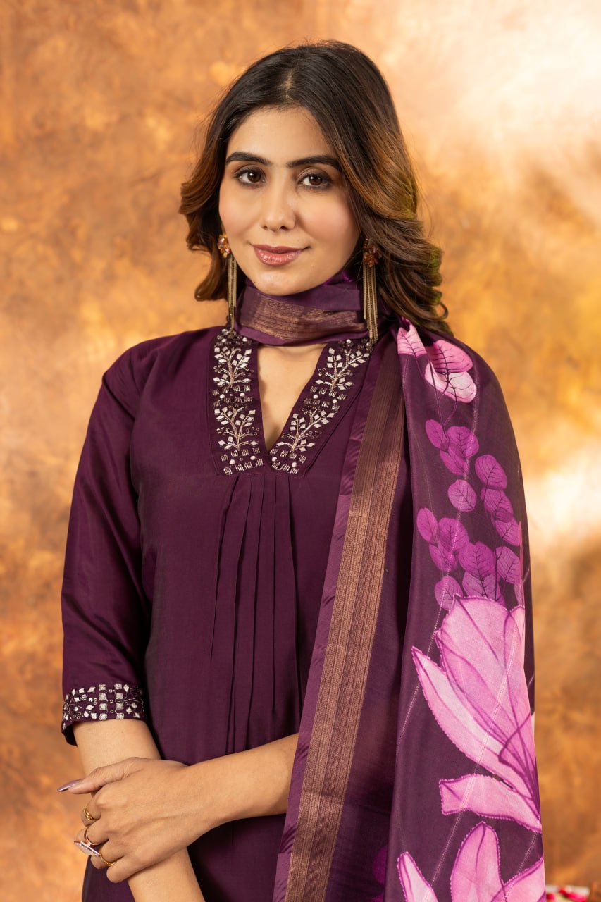 Roman Silk Straight Kurti Pant Dupatta Set with Embroidery Sequins and Hand Work