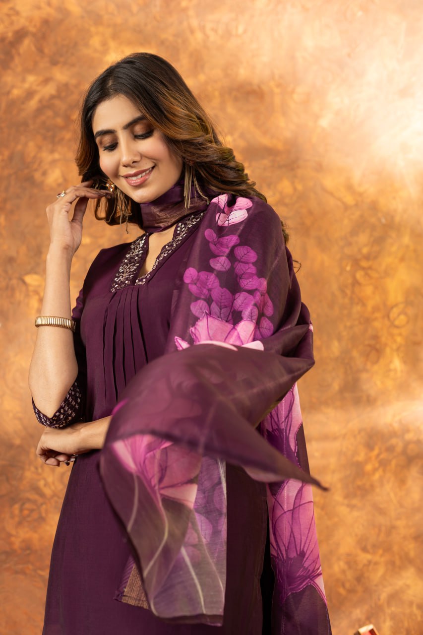 Roman Silk Straight Kurti Pant Dupatta Set with Embroidery Sequins and Hand Work
