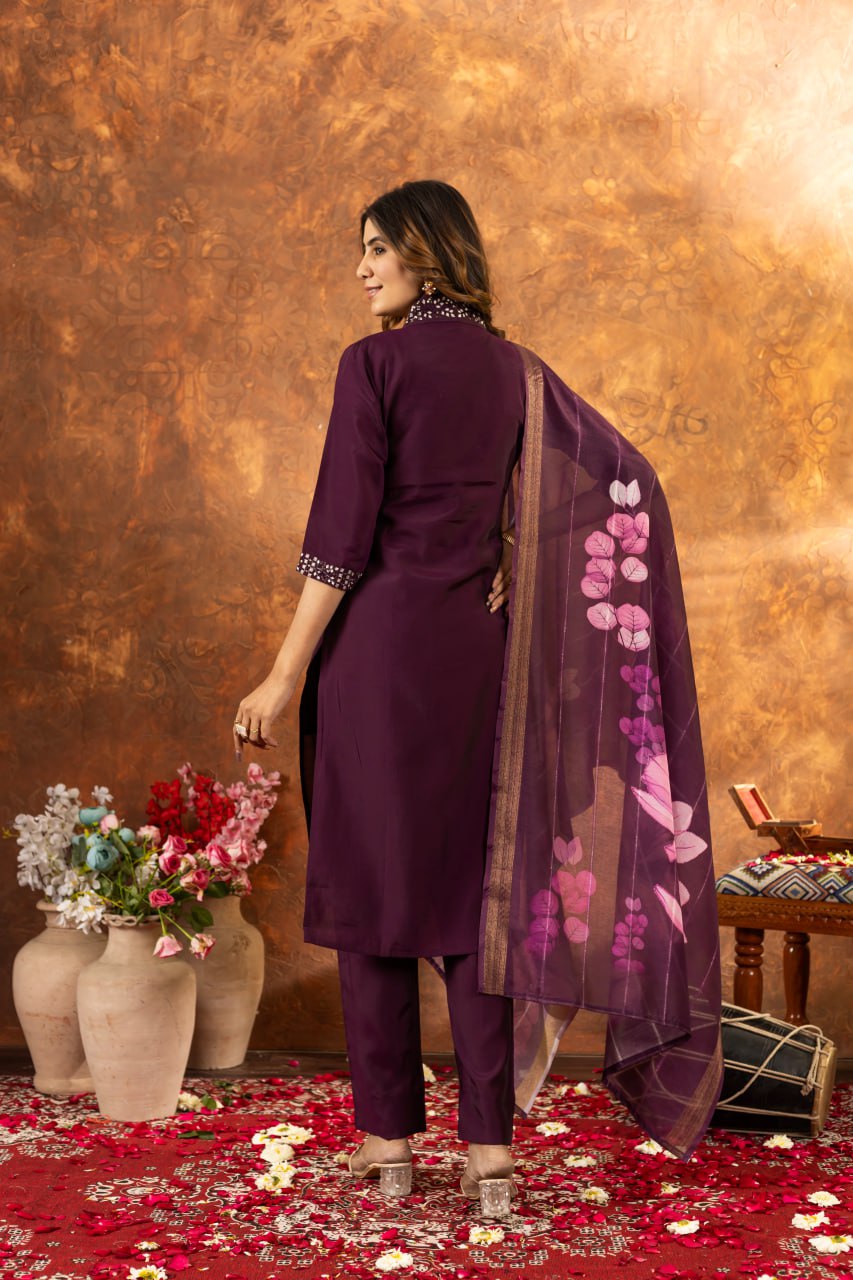 Roman Silk Straight Kurti Pant Dupatta Set with Embroidery Sequins and Hand Work