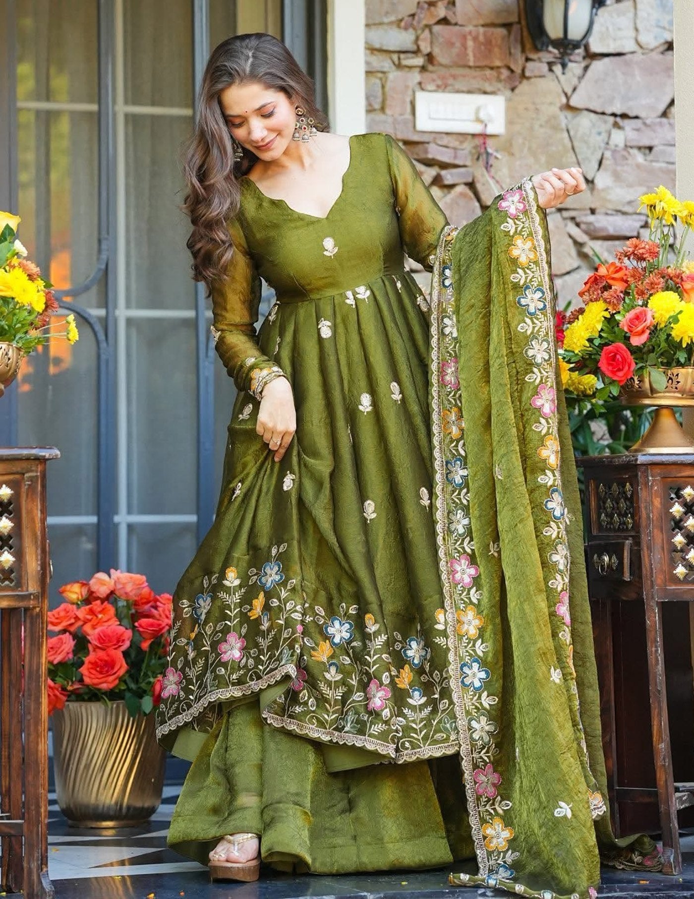 Women's Mehndi Heavy Crunchy Silk Embroidered Anarkali Palazzo Set with Dupatta