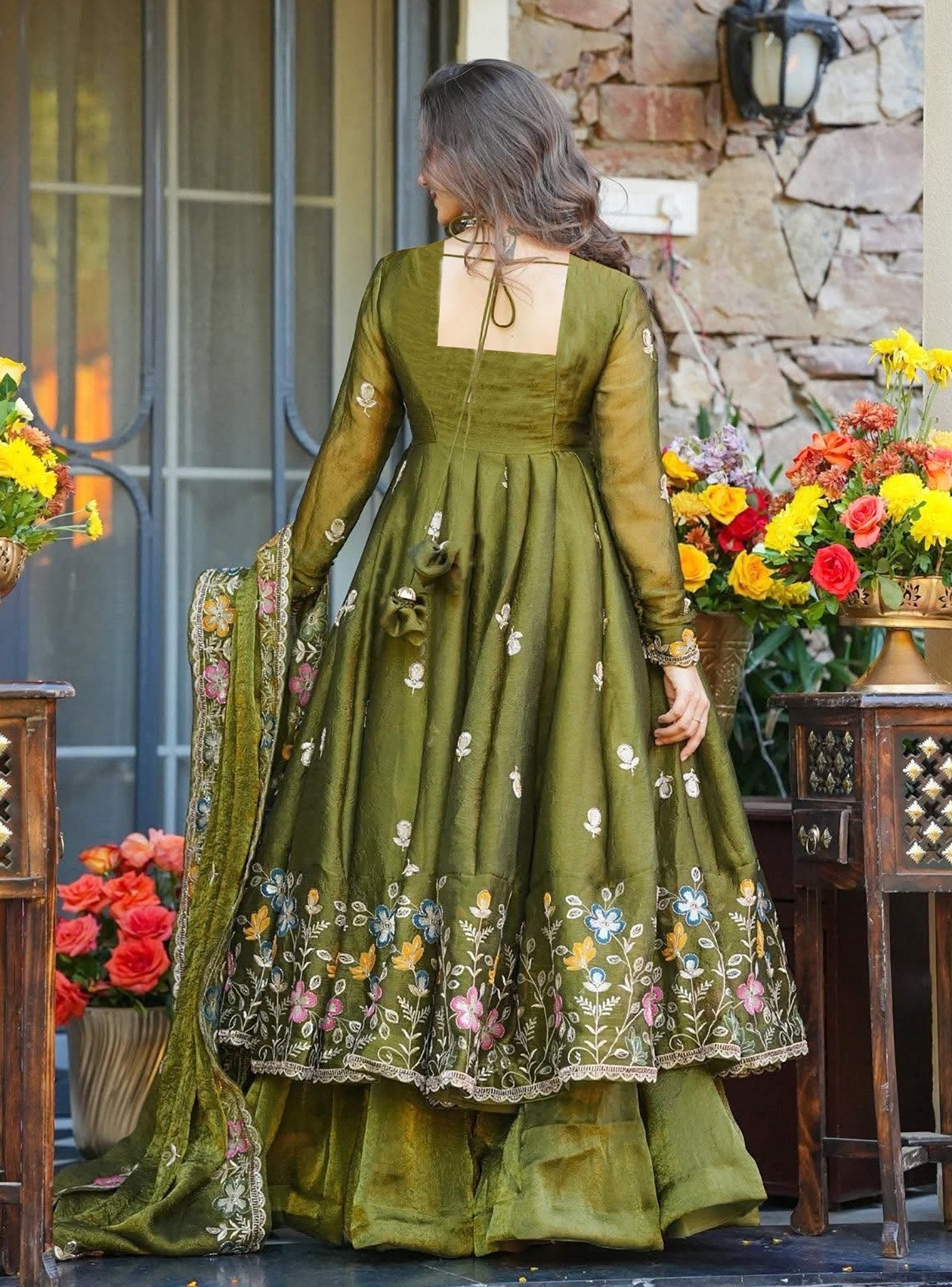 Women's Mehndi Heavy Crunchy Silk Embroidered Anarkali Palazzo Set with Dupatta