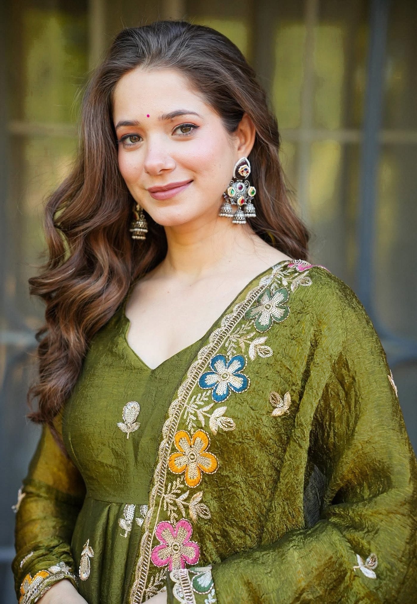 Women's Mehndi Heavy Crunchy Silk Embroidered Anarkali Palazzo Set with Dupatta