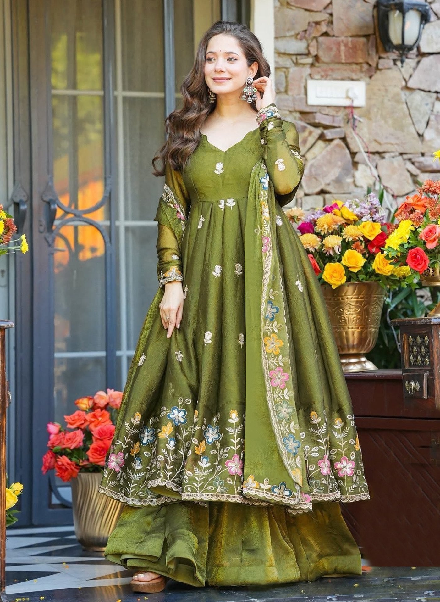 Women's Mehndi Heavy Crunchy Silk Embroidered Anarkali Palazzo Set with Dupatta
