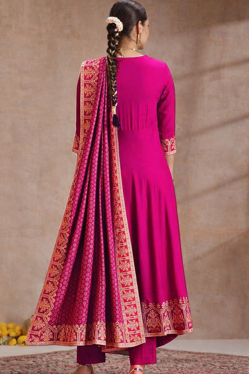 Trendy Heavy Rayon Embroidered Anarkali Kurti Pant Set with Foil Print Dupatta