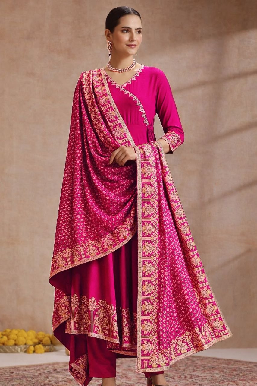 Trendy Heavy Rayon Embroidered Anarkali Kurti Pant Set with Foil Print Dupatta