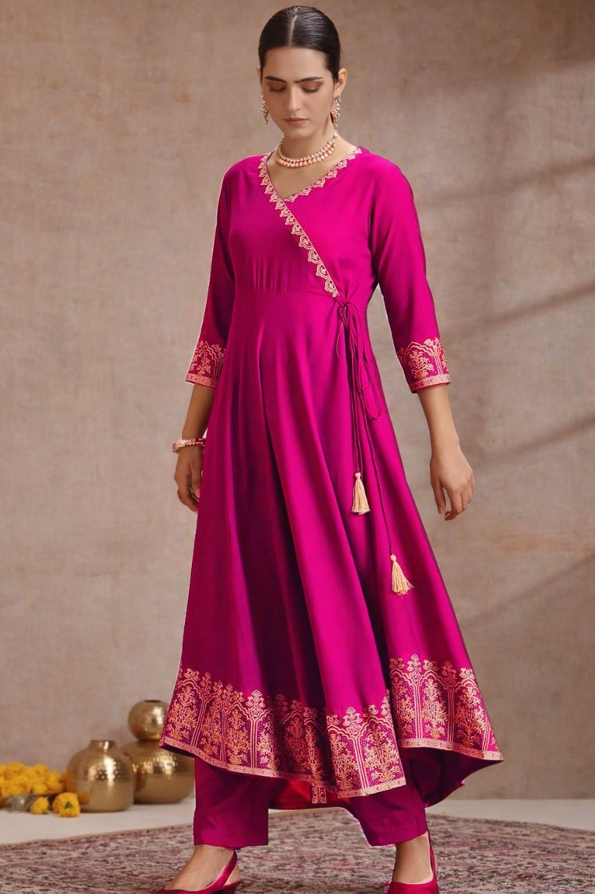 Trendy Heavy Rayon Embroidered Anarkali Kurti Pant Set with Foil Print Dupatta