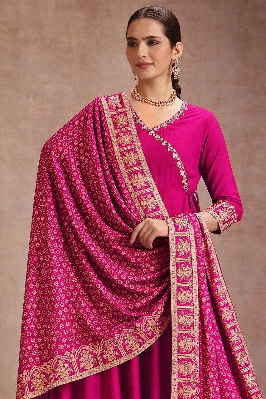 Trendy Heavy Rayon Embroidered Anarkali Kurti Pant Set with Foil Print Dupatta