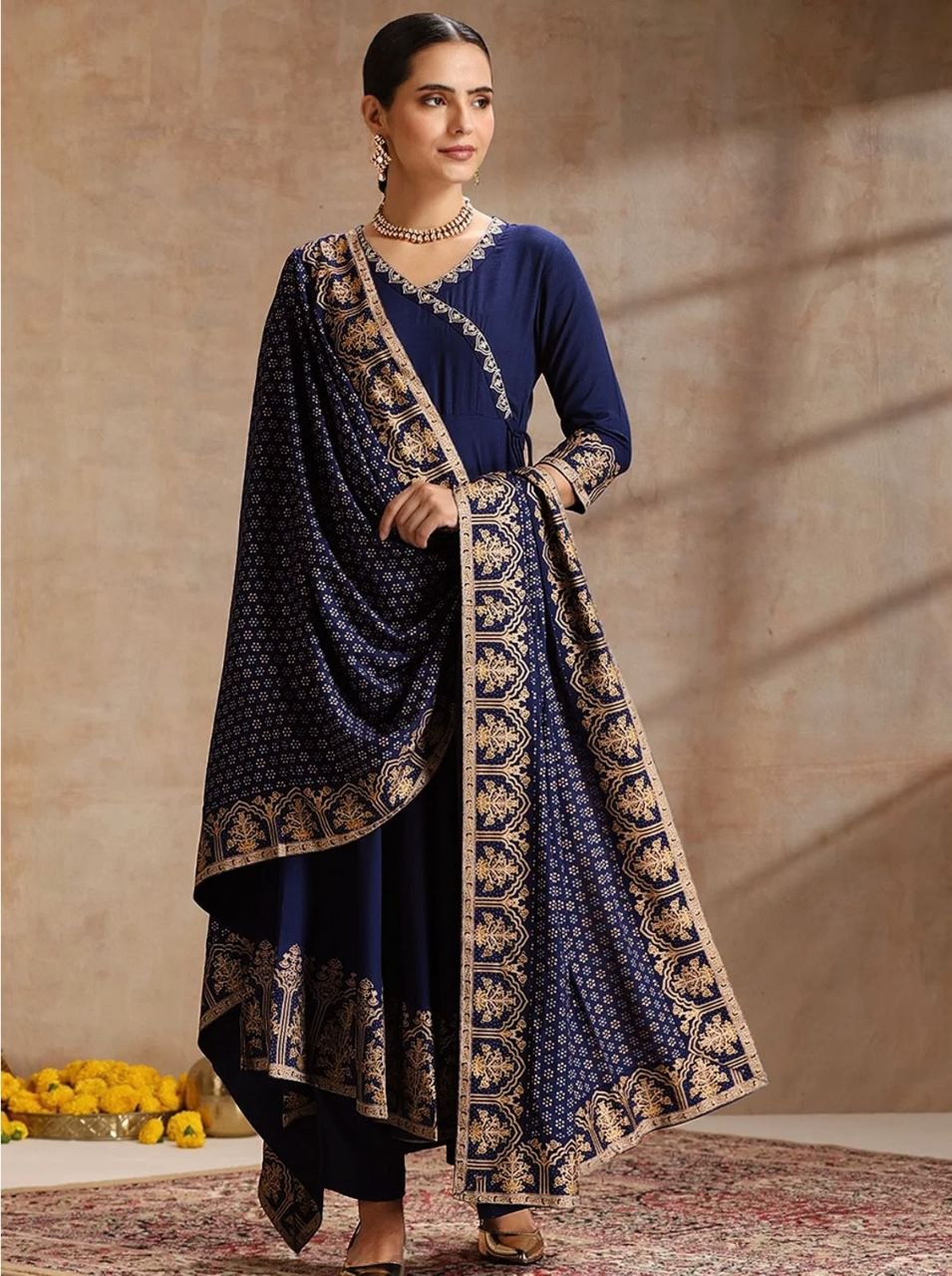 Trendy Heavy Rayon Embroidered Anarkali Kurti Pant Set with Foil Print Dupatta