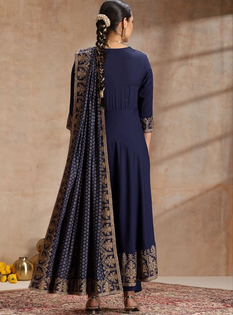 Trendy Heavy Rayon Embroidered Anarkali Kurti Pant Set with Foil Print Dupatta